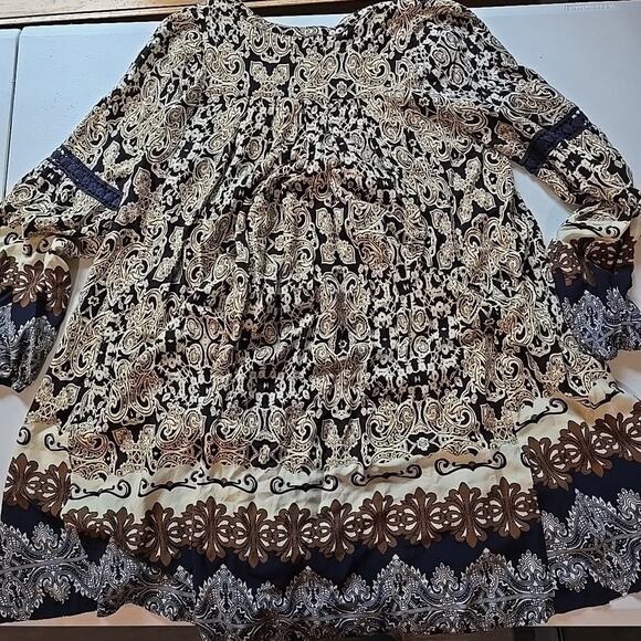 Alter'd State Blue Black Brown Tan Boho Mini Skater Dress Size Small - Picture 11 of 12